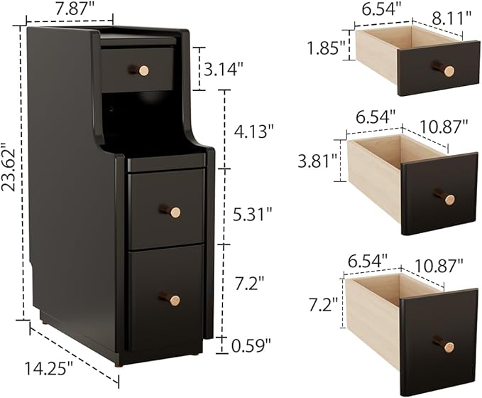 Narrow Nightstand with 3 Drawers,Solid Wood Narrow Bedside Tables, Small Bedside Tables,Modern Slim Small Nightstand for Bedroom(Black)