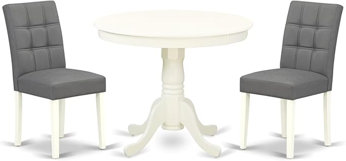 East West Furniture ANAS3-LWH-41 3 Piece Kitchen Table Set consists A Wooden Table and 2 Platinum Gray Polyester Fabric Person Chairs with Stylish Back- Linen White Finish