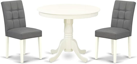 East West Furniture ANAS3-LWH-41 3 Piece Kitchen Table Set consists A Wooden Table and 2 Platinum Gray Polyester Fabric Person Chairs with Stylish Back- Linen White Finish