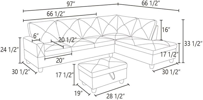 Dark Grey L-Shaped 3-Piece Faux Leather Sofa with Storage Ottoman Set, Sectional Couch Sofa Set for Living Room, Office, Small Space