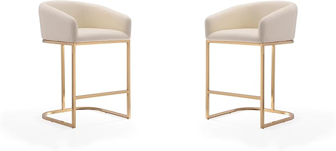 Manhattan Comfort Louvre 26 Inch Mid Century Modern Counter Height Bar Stools - Elegant Faux Leather Padded Seat, Stainless Steel Base with Footrest, Fully Assembled Barstools, Set of 2, Cream