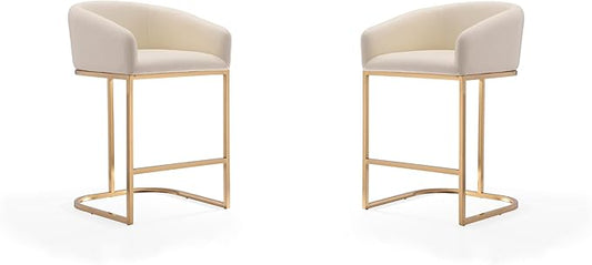 Manhattan Comfort Louvre 26 Inch Mid Century Modern Counter Height Bar Stools - Elegant Faux Leather Padded Seat, Stainless Steel Base with Footrest, Fully Assembled Barstools, Set of 2, Cream