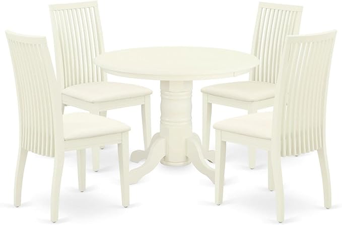 East West Furniture SHIP5-WHI-C 5 Piece Dining Room Furniture Set Includes a Round Kitchen Table with Pedestal and 4 Linen Fabric Upholstered Dining Chairs, 42x42 Inch, Linen White