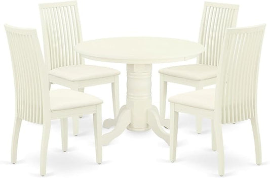 East West Furniture SHIP5-WHI-C 5 Piece Dining Room Furniture Set Includes a Round Kitchen Table with Pedestal and 4 Linen Fabric Upholstered Dining Chairs, 42x42 Inch, Linen White