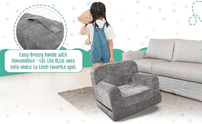 ParkaLounger Children's Sofa 2-in-1 Convertible Chair & Sleeper - Durable Foam Keeps Its Shape - Lightweight, Portable with Handle - Soft, Sturdy & Cozy Seat for Lounging & Play, Gray, Medium