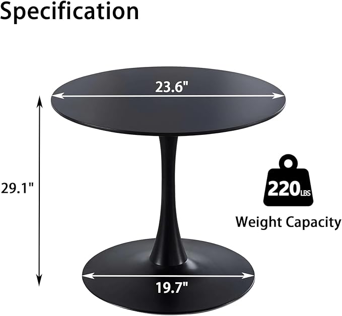 Black Round Dining Table, 24 Inches Tulip Round Kitchen Table, Mid-Century Leisure Table for Small Places, Dining Room, Living Room, Cafe