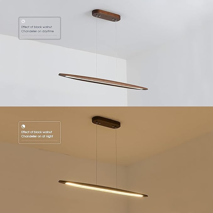 39" Wood Linear Pendant Light LED Dimmable Hanging Light Dinning Room Light Fixture Island Lights 24w for Dining Room Kitchen Island Bar Walnut Color