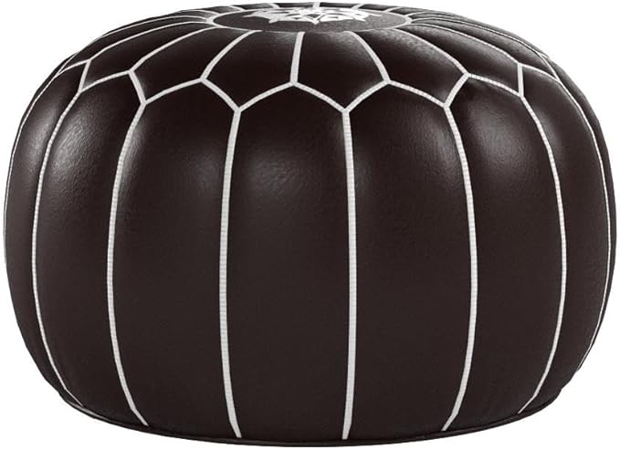 Stuffed Round Design Moroccan Leather Pouf Ottoman, Handmade, Pre-Filled, 100% Genuine Leather, 13” Height x 20” Diameter, Footstool & Living Room Décor (Chocolate)
