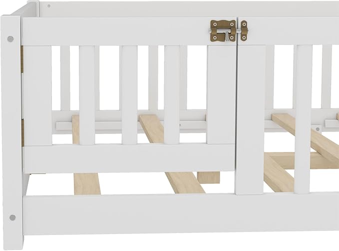 Bellemave Full Floor Bed with Slats and Safety Guardrails, Kids Montessori Floor Beds with Fence and Door, Easy Assemble Floor Bed for Kids, Girls, Boys, White