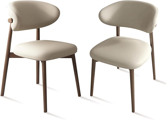 Upholstered Dining Chairs Set of 2,Mid Century Modern Kitchen Chairs with Back and Wood Frame,Faux Leather Dinner Chairs (Light Khaki + Light Walnut Legs, Set of 2)