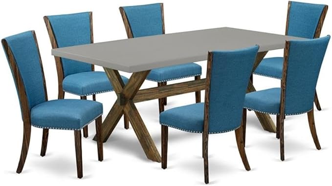 East West Furniture X797VE721-7 7 Piece Modern Dining Table Set Consist of a Rectangle Wooden Table with X-Legs and 6 Blue Color Linen Fabric Parson Dining Chairs, 40x72 Inch, Multi-Color