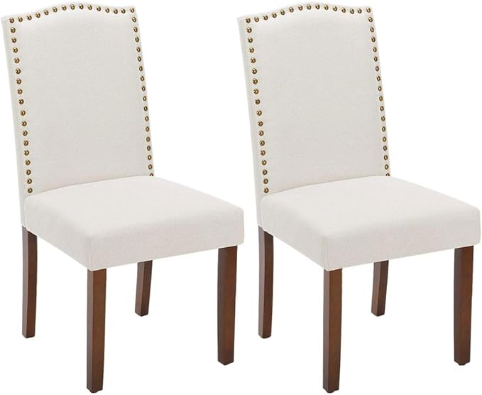 Kitchen Chairs Set of 2 Modern Upholstered Fabric Seat with Nailhead Trim and Ergonomic Lumbar Support for Living Room and Rustic Farmhouse Dining Area, Beige