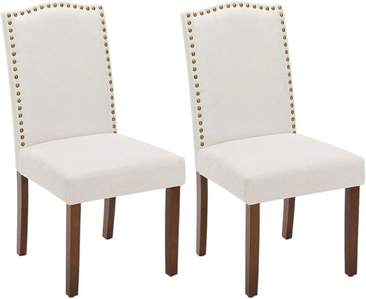 Kitchen Chairs Set of 2 Modern Upholstered Fabric Seat with Nailhead Trim and Ergonomic Lumbar Support for Living Room and Rustic Farmhouse Dining Area, Beige
