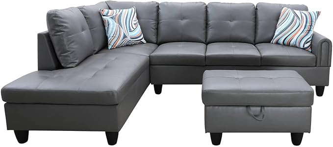 NicBex Sectional Couch 3 Pieces Sofa Set with Right Chaise Faux Leather L Shaped Cloud Couch for Living Room Furniture Sets with Storage Ottoman, Modular Sofa for Living Room & Apartment, Dark Grey