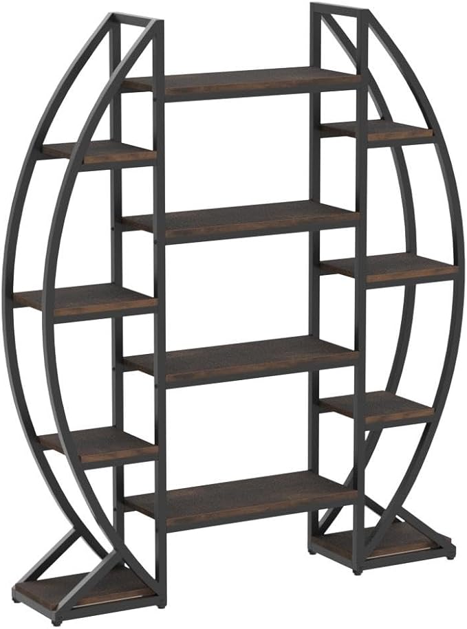 Tribesigns Oval Bookshelf, Triple Wide 5 Tier Etagere Bookcase, Industrial Display Shelves for Living Room (Brown, 55")
