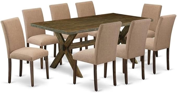 East West Furniture X777AB747-9 9 Piece Dining Room Furniture Set Includes a Rectangle Dining Table with X-Legs and 8 Light Sable Linen Fabric Upholstered Chairs, 40x72 Inch, Multi-Color