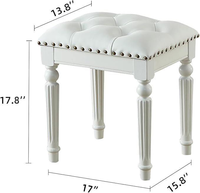Vanity Bench Stool with Microfiber Leather Cushion, Vanity Chair Ottoman Dressing Stool with Solid Wood Legs for Bedroom, Makeup Room, Dressing Room (White)