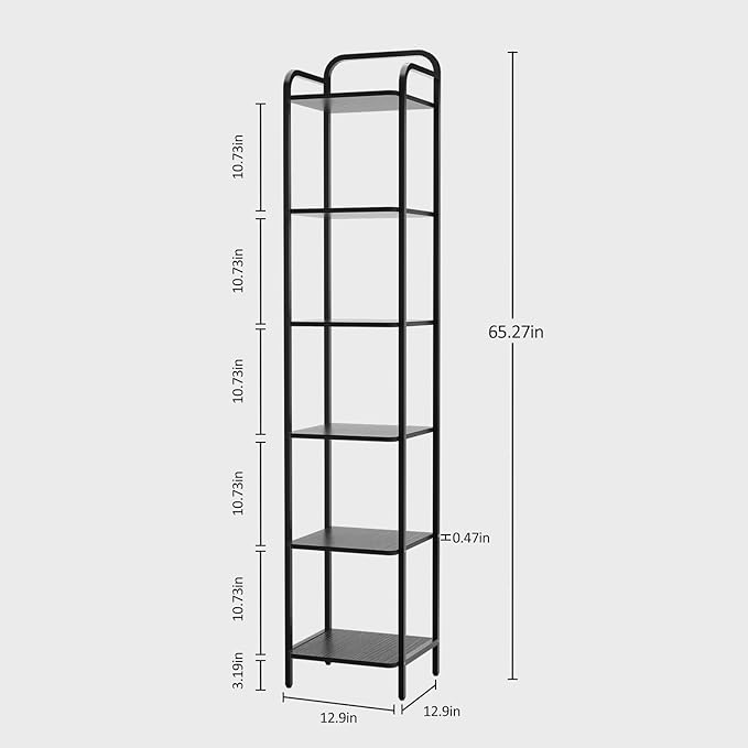 Book Shelf, 6 Tier Bookshelf, Bookcase with 6 Shelves, Storage Rack Organizer, Corner Wood Storage Shelf with Metal Frame for Bedroom, Living Room, Black