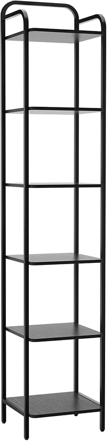 Book Shelf, 6 Tier Bookshelf, Bookcase with 6 Shelves, Storage Rack Organizer, Corner Wood Storage Shelf with Metal Frame for Bedroom, Living Room, Black