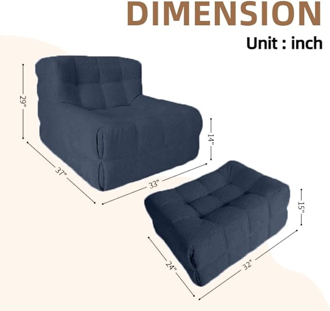 Bean Bag Chair - Memory Foam Bean Bag Chair for Adults, Comfy High-Resilience Single Sofa, Small Space Floor Chair, Chaise Lounge for Living Room, Bedroom (Dark Blue, Square + Ottoman)