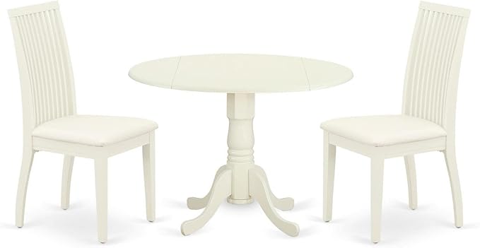 East West Furniture DLIP3-WHI-C 3 Piece Kitchen Table Set for Small Spaces Contains a Round Dining Table with Dropleaf and 2 Linen Fabric Dining Room Chairs, 42x42 Inch, Linen White