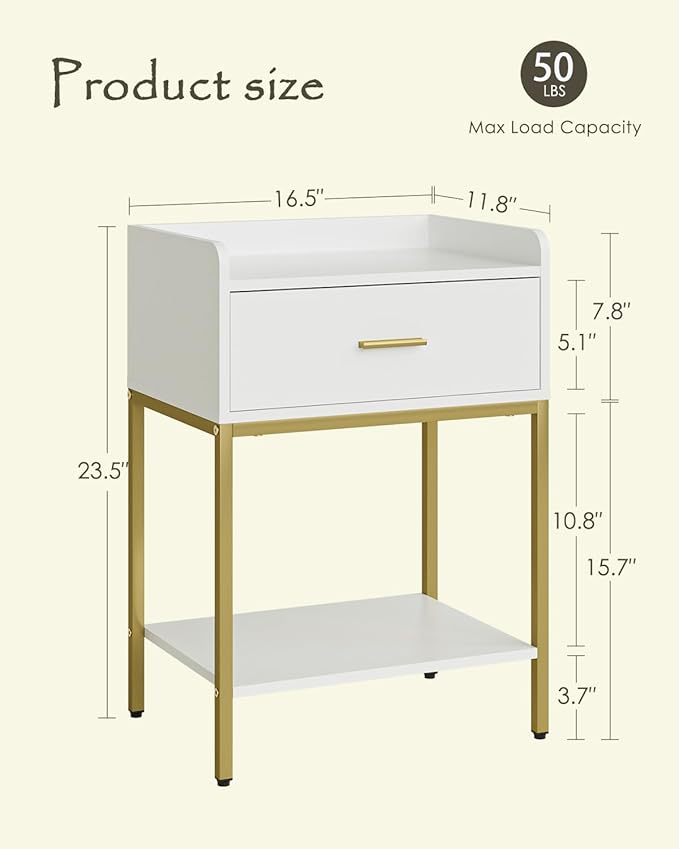 Nightstand,3-Tier Modern Night Stand,Bedside Table with Storage Drawer and Shelf,Small Side Table for Bedroom,Living Room,White