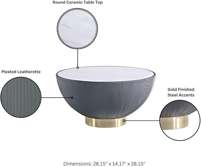 Manhattan Comfort Anderson Modern 28.15" Round Coffee Table 2.0 - Ceramic Marble Tabletop, Elegant Pleated Leatherette Details & Gold Base, Fully Assembled Accent Furniture, Set of 1, Grey