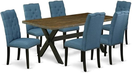 East West Furniture X677EL121-7 7 Piece Dining Table Set Consist of a Rectangle Dining Room Table with X-Legs and 6 Blue Linen Fabric Upholstered Parson Chairs, 40x72 Inch, Multi-Color