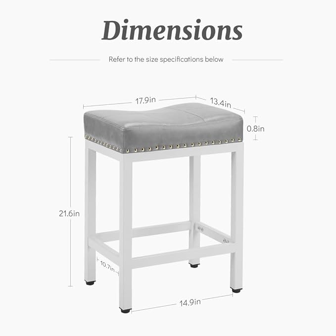 Counter Stools Set of 2 Upholstered Counter Height Bar Stools with Padded Seats and Metal Base, Leather Saddle Stool for Modern Kitchen Island, 22.4-Inch, Grey