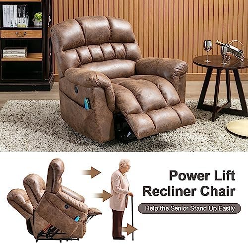 Phoenix Home Large Power Lift Recliner with Massage and Heat for Elderly, Heavy Duty & Safety Motor Reclining Chair, Faux Leather Electric Wider Recliner with USB Ports, 2 Side Pockets, Brown