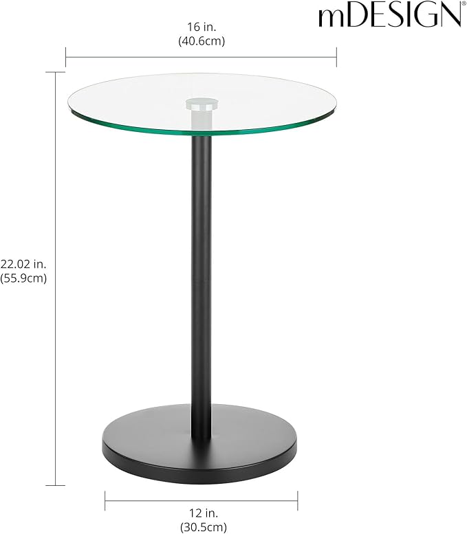 mDesign Glass Top Side/End Drink Table - Tall Modern Round Accent Metal Nightstand Furniture for Living Room, Dorm, Home Office, and Bedroom - 16" Round - Clear/Matte Black