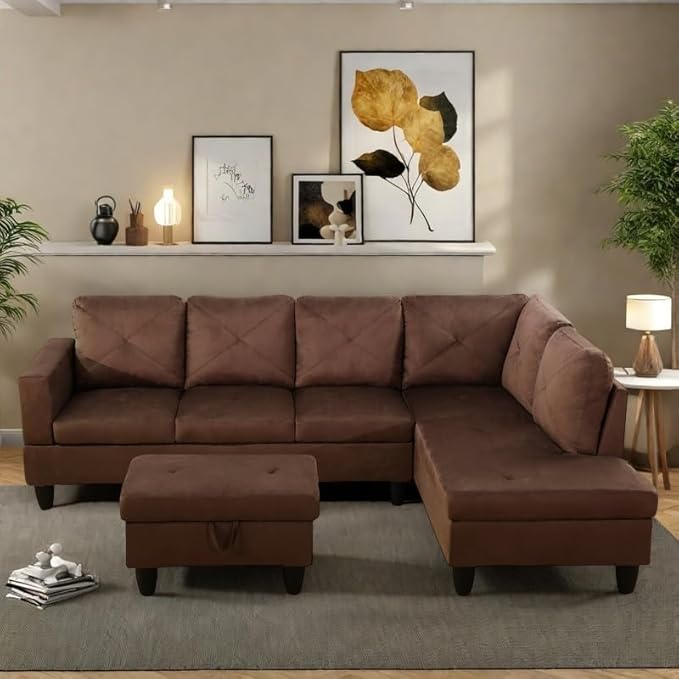 NAYSAYE L Shaped Couch, Modular Sectional Couch with Ottoman Storage, Modern Lounge Sofa Convertible Sectional Couches for Living Room, Apartment, Brown