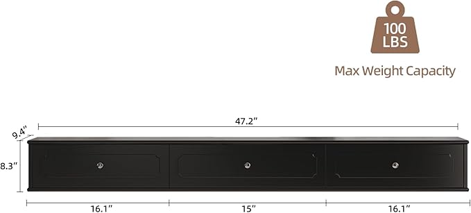 Retro Floating TV Console with 3 Doors,47'' High Gloss Floating TV Stand,Wall Mounted TV Cabinet,Contemporary Floating Media Console for Under TV Storage,Living Room,Bedroom(Black)