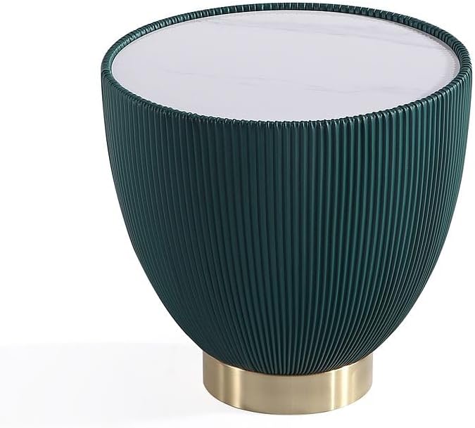 Manhattan Comfort Anderson Modern 18" Round End Table 2.0 | Ceramic Marble Tabletop, Elegant Pleated Leatherette Design & Gold Stainless Steel Base, Fully Assembled Accent Furniture, Set of 1, Green