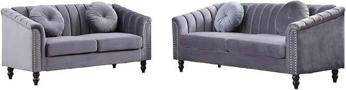60" Loveseat Sofa, Microfiber Chesterfield Upholstered Sofas Love Seat, Couch Chair Sets with Style Button Tufted, Scroll Arms and Nailhead for Living Room, Office, Grey