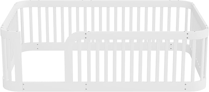 Full Floor Bed with High Fence and Rounded Corner Design, Montessori Floor Bed Frame with Guardrail and Entrance, Easy Assemble Montessori Bedd Full Size, White