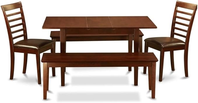 East West Furniture NOML5C-MAH-LC 5 Piece Dining Table Set Includes a Rectangle Dining Room Table with Butterfly Leaf and 2 Faux Leather Upholstered Chairs with 2 Benches, 32x54 Inch, Mahogany