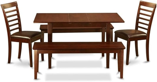 East West Furniture NOML5C-MAH-LC 5 Piece Dining Table Set Includes a Rectangle Dining Room Table with Butterfly Leaf and 2 Faux Leather Upholstered Chairs with 2 Benches, 32x54 Inch, Mahogany