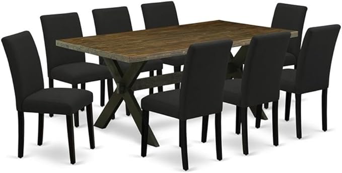 East West Furniture X677AB624-9 9 Piece Dining Table Set Includes a Rectangle Kitchen Table with X-Legs and 8 Black Color Linen Fabric Parson Dining Room Chairs, 40x72 Inch, Multi-Color