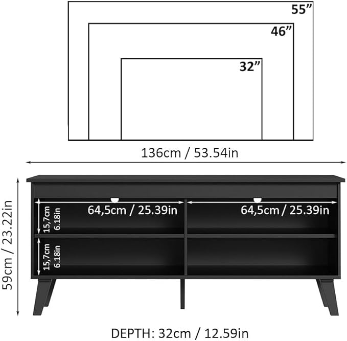 Madesa Compact TV Stand Cabinet with 4 Shelves and Cable Management for 50, 55 Inch TV Media Storage Unit Living Room and Bedroom Modern Wooden Television Media Console - Black