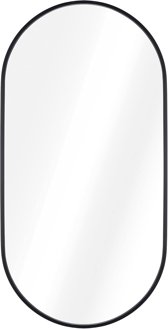 Navaris Oval Wall Mirror - 29.5" x 15" - Wall Mounted Hanging Mirror with Black Rustproof Aluminum Frame - Mirror for Bathroom Restroom Hallway
