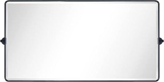 TEHOME 58 x 28'' Pivot Full Length Bathroom Vanity Mirror Matt Black Metal Framed Full Body Tilting Beveled Vanity Mirrors Wall Mounted Floor Pivoting Mirror for Bathroom, Living Room