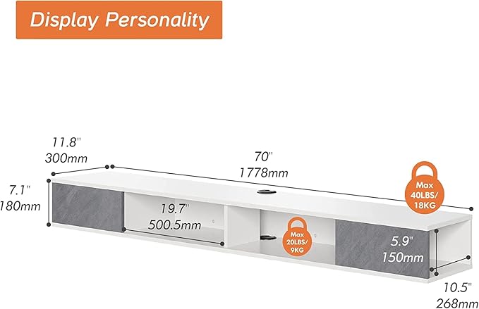 WAMPAT Floating 70in TV Stand, Entertainment Center Media Console, Wall Mounted Shelf Media Console Cabinet for Storage for 65/70/75 Inch TVs, White&Grey