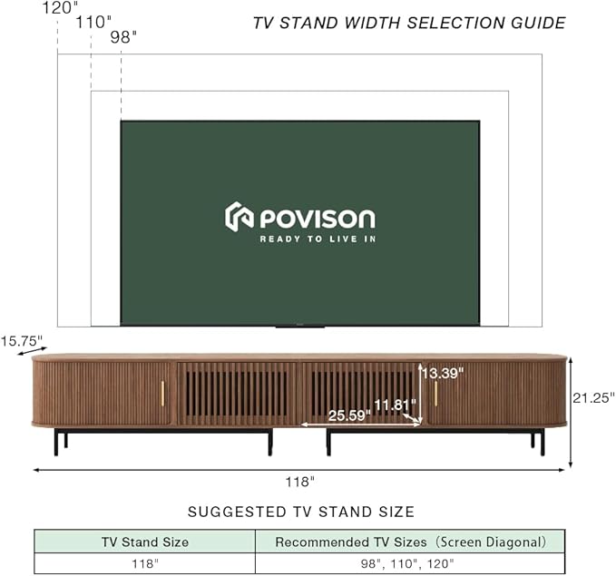 POVISON Sliding Tambour Door TV Stand with LED Lights, Mid Century Modern TV Console, Wood Media Console, Entertainment Center with Storage Cabinet, Fully-Assembled (Walnut, 118.11")