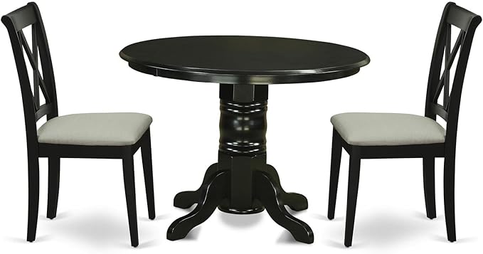 East West Furniture SHCL3-BLK-C 3 Piece Modern Dining Table Set Contains a Round Kitchen Table with Pedestal and 2 Linen Fabric Kitchen Dining Chairs, 42x42 Inch, Black