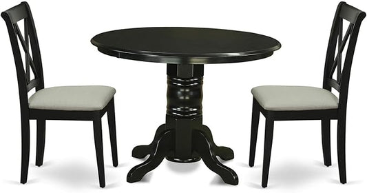 East West Furniture SHCL3-BLK-C 3 Piece Modern Dining Table Set Contains a Round Kitchen Table with Pedestal and 2 Linen Fabric Kitchen Dining Chairs, 42x42 Inch, Black