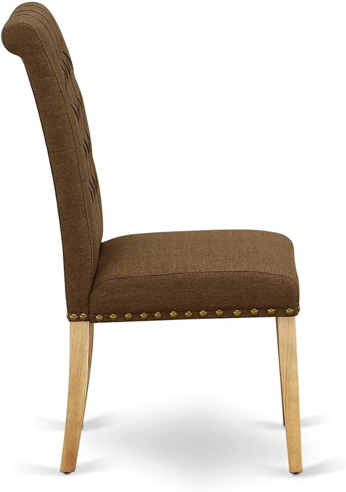East West Furniture BRP4T18 Bremond Parson Kitchen Chairs - Button Tufted Nailhead Trim Brown Linen Linen Fabric Upholstered Dining Chairs, Set of 2, Oak