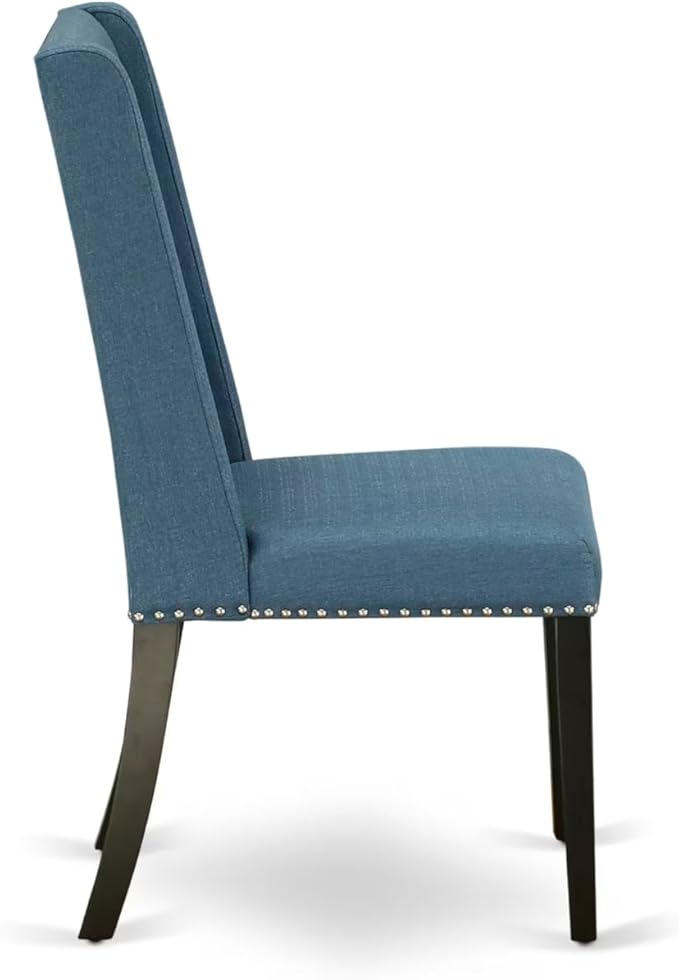 NKFL9-SBB-21-9-Piece Kitchen Table Set Consists of a Wooden Table and 8 Mineral Blue Linen Fabric Parson Chairs with Padded Chair Back - Sand Blasting Black Finish.