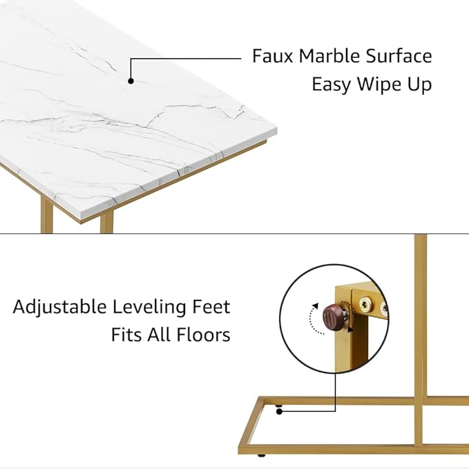 Large Size C Shaped Side Table End Table for Couch, Gold Side End Table with White Faux Marble Top, Modern Living Room Tray Table