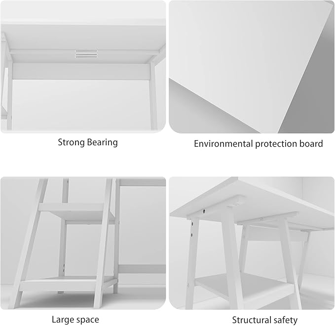 Natwind 51" White Desk with 2-Tier Storage Shelves,Home Office Computer Desk, Study Table for Kids Student Girls,Writing Desk,Modern Simple Basic Desk Workstation for Bedroom Home Office